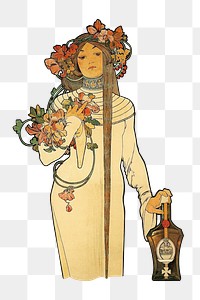 Alfons Mucha' woman png chromolithograph art, transparent background. Remixed by rawpixel. 