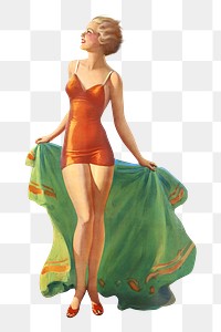 Vintage woman png in swimsuit, chromolithograph art, transparent background. Remixed by rawpixel. 