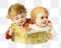 Little boys png reading book vintage illustration, transparent background. Remixed by rawpixel. 