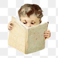 Little boy png reading book vintage illustration, transparent background. Remixed by rawpixel. 