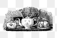 PNG Tea set, vintage kitchenware illustration by Hans Christian Andersen, transparent background. Remixed by rawpixel.