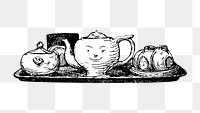 PNG Tea set, vintage kitchenware illustration by Hans Christian Andersen, transparent background. Remixed by rawpixel.