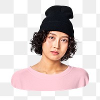 Png woman in pink sweater and black beanie, winter apparel, transparent background