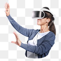 Woman png in a blue cardigan experiencing VR, transparent background
