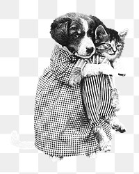 Dog hugging cat png vintage illustration, transparent background. Remixed by rawpixel. 