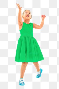 Png blonde child in green dress playing, transparent background