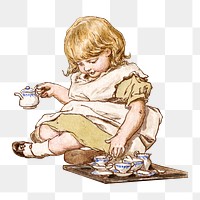 Little girl png drinking tea, transparent background. Remixed by rawpixel.