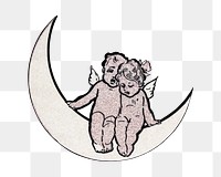 Vintage cherubs png sitting on crescent moon illustration, transparent background. Remixed by rawpixel. 