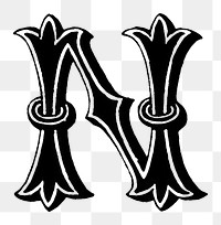 N letter PNG, 16th-century calligraphy font, transparent background
