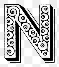N letter PNG, ornamental font, transparent background