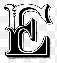 E letter PNG, ornamental font, transparent background