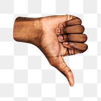 Thumbs down png black hand gesture sticker, dislike sign language on transparent background