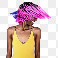 Cheerful woman png cut out, flipping hair on transparent background