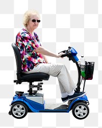 Old woman png riding mobility scooter, senior healthcare concept