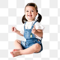 Little girl png clipart, cute toddler sitting on the floor, transparent background