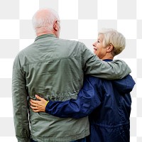 Retired couple png cut out, hugging rear view on transparent background