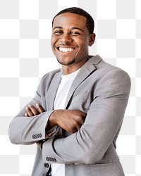 Cheerful businessman png portrait, crossing arm with a smile