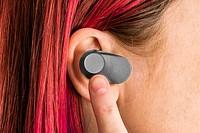 Wireless earbud mockup png woman wearing earphones