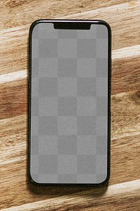 Png mobile phone screen mockup flatlay on a wooden background