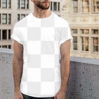 Png men’s tee apparel mockup on a man in the city street style fashion