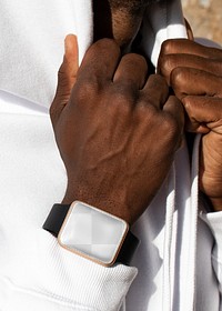 Png smartwatch screen mockup on men’s wrist close up