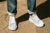 Man in blue jeans png high top sneakers mockup dark tone 