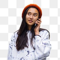 Png woman talking on a phone sticker, transparent background