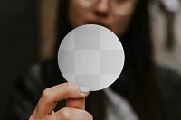 Round sticker png mockup transparent, held my woman