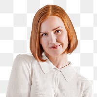 PNG ginger-haired woman in beige shirt