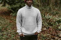 Turtleneck sweater png mockup, men's autumn outfits design, man in forest