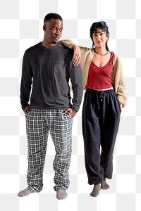 Diverse couple png, wearing monotone sleepwear