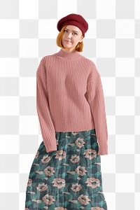 PNG happy woman in pink sweater and floral dress, autumn fashion element