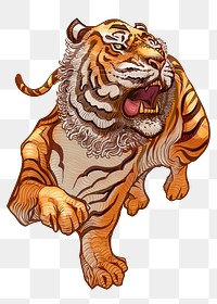 Roaring tiger png sticker, Japanese traditional animal illustration