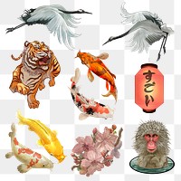 Japanese animal png stickers, traditional realistic illustration set