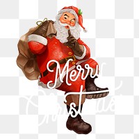 PNG Christmas greeting sticker, hand drawn Santa Claus with present bag