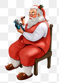 PNG Christmas sticker, Santa Claus making presents, hand drawn design