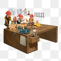 Christmas png sticker, elves working in a Santa's workshop, hand drawn design