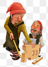 Christmas png sticker, elves making toy from wood, hand drawn design