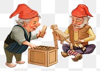 PNG Christmas sticker, elves making wooden robot toy, hand drawn design