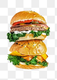 Png hamburger pile sticker, food photography, transparent background