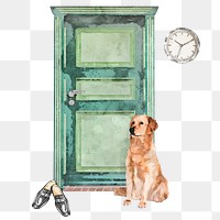 Golden retriever png waiting at door clipart, watercolor illustration