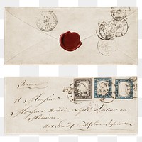 Antique envelope png, postmark and stamps, transparent background