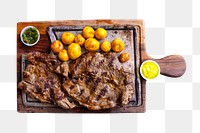 Png steak plate sticker, food photography, transparent background