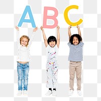 Diverse kids png sticker, learning ABC, education design in transparent background