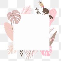 Pink frame png with tropical botanical leaves and toucan bird, transparent background 
