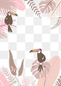 Pastel botanical png frame with tropical leaves and toucan birds, transparent background