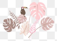 Pink botanical png clip art, aesthetic tropical graphic element with toucan and leaves on transparent background 