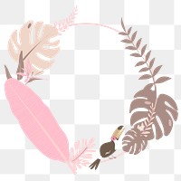 Rose gold botanical frame png with tropical leaves and toucan bird, transparent background 