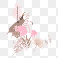 Pink botanical border frame, aesthetic tropical leaves, toucan and flamingo graphic element on transparent background