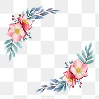 Pink flower png laurel border, blue watercolor design on transparent background